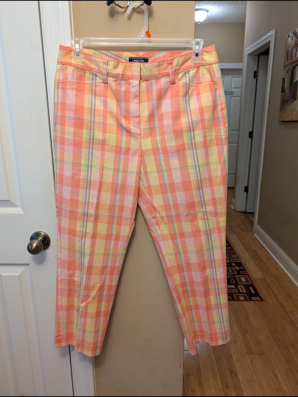 Lands' End Women's Plaid Capri Pants - Peach Multi